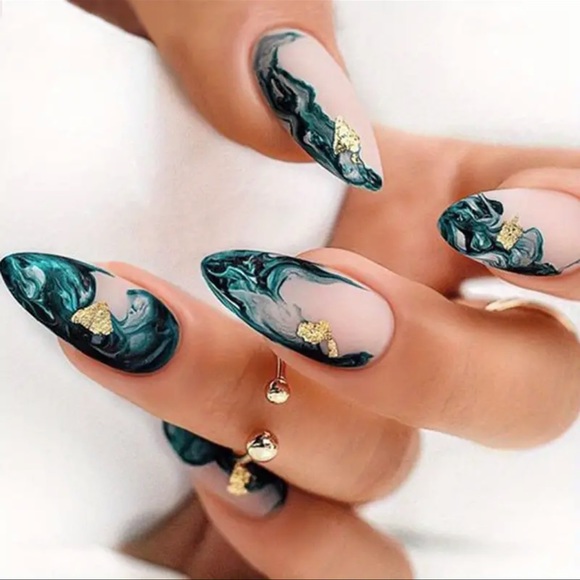 Other - 🆕 Green Marble Print Press On Nails Golden Foil Design Smudged Almond Shape NIB
